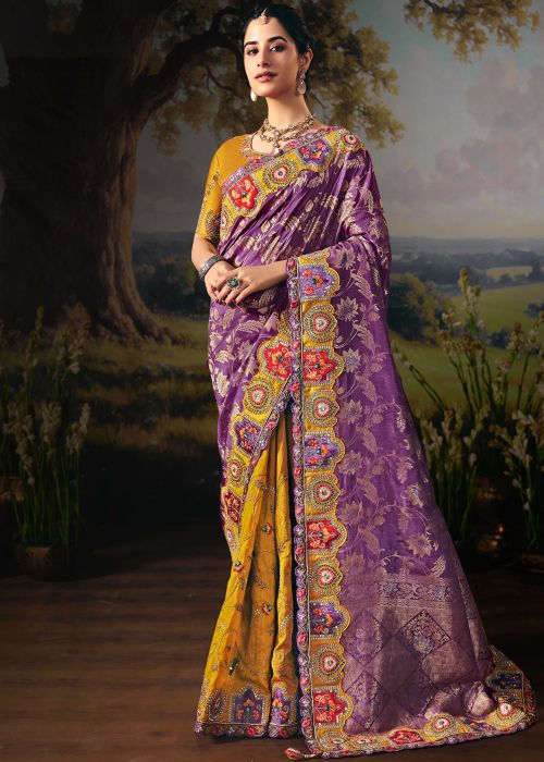 Purple Half N Half Silk Saree With Yellow Border