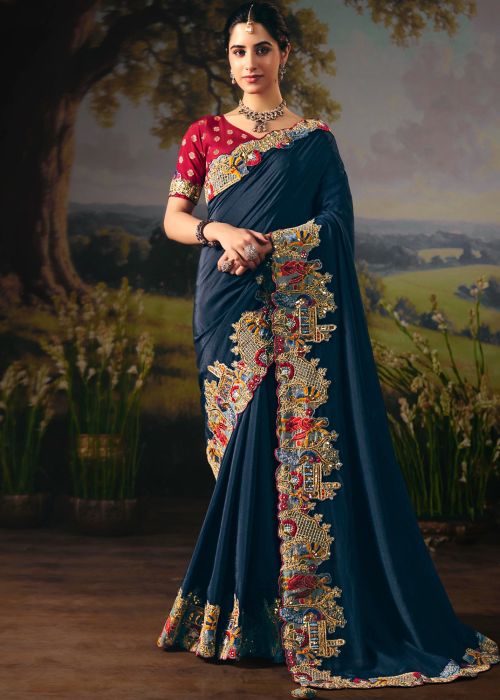 Navy Blue Silk Saree With Floral Border 