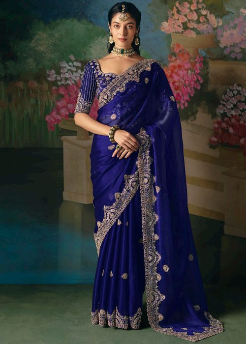 Royal Blue Silk Saree With Cutbeads Border