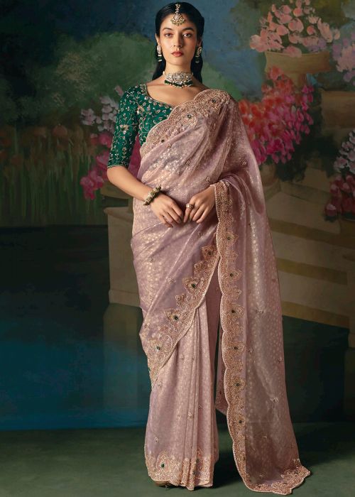Lavender Silk Saree With Antique Embroidery