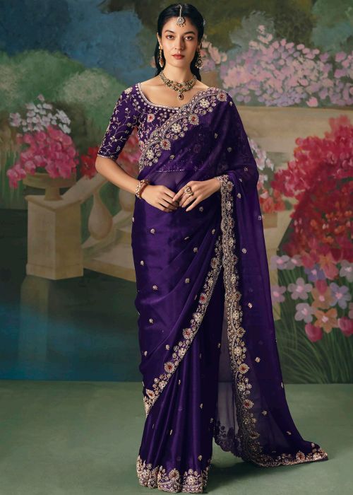 Purple Silk Saree With Heavy Cutbeads Embroidery