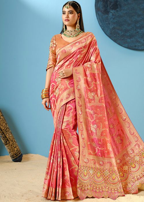 Peach Art Silk Saree With Zari Woven Motifs