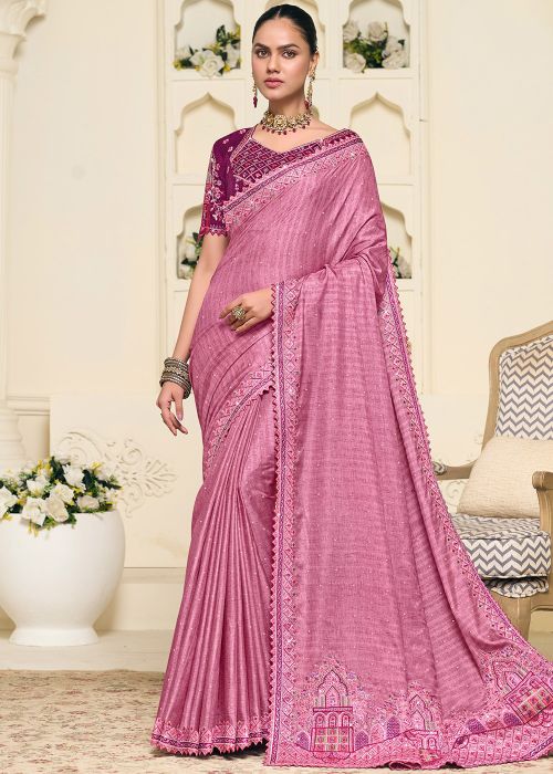 Pink Art Silk Saree With Ornate Border Work
