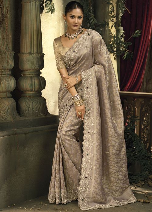 Grey Silk Saree With Antique Zari Work