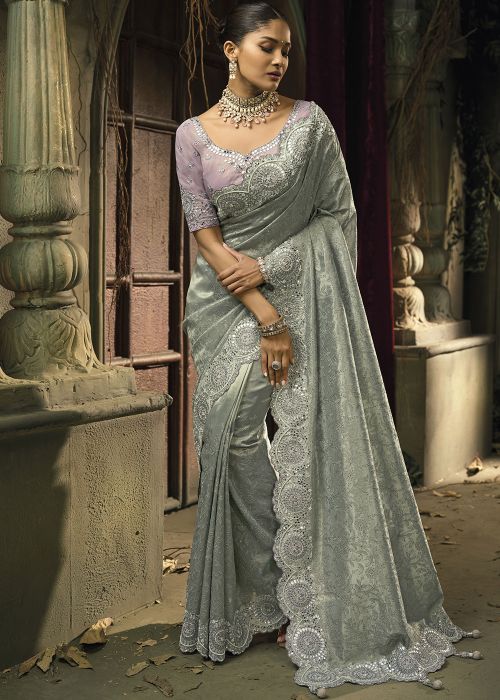Grey Kanchipuram Silk Saree With Delicate Embroidery