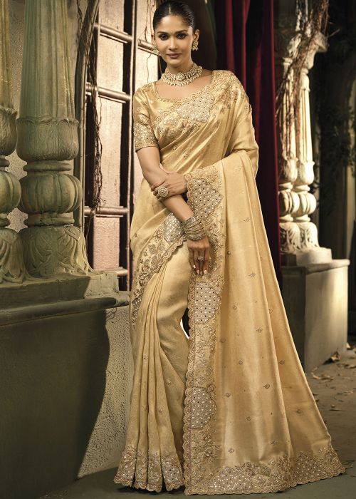 Golden Banarasi Silk Saree With Heavy Embroidery