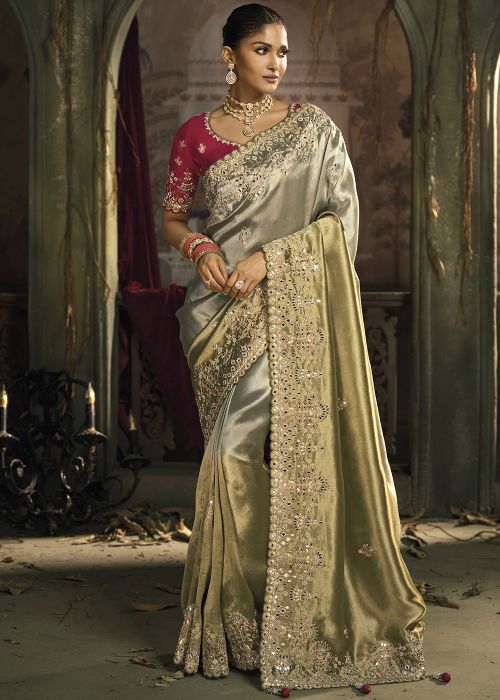 Dual Tone Grey Silk Saree With Mirror Detailing