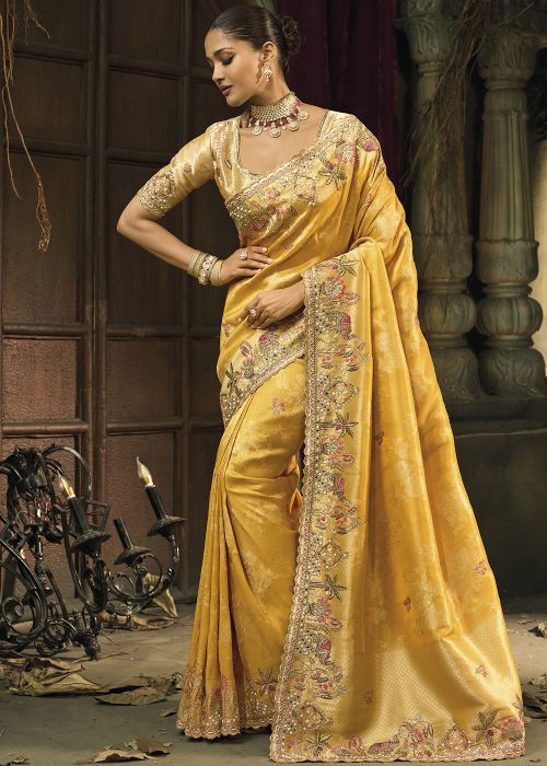 Yellow Silk Saree With Traditional Motifs