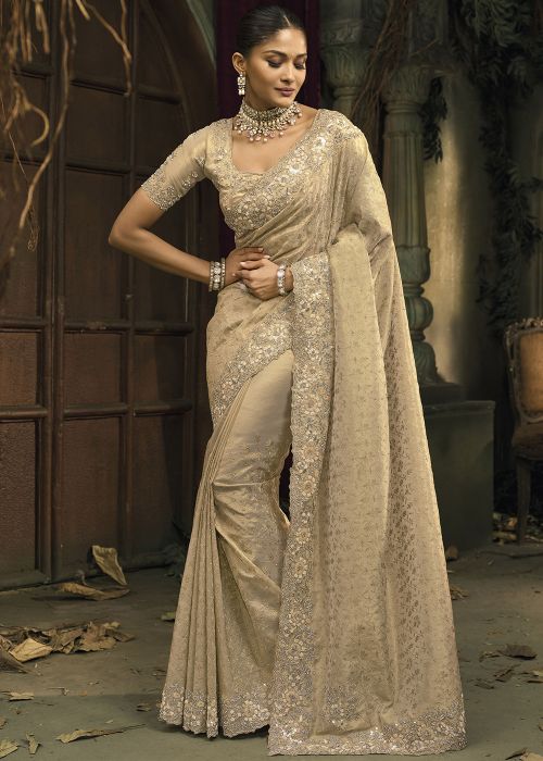Beige Kanchipuram Silk Saree With Floral Embroidery