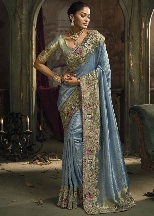 Powder Blue Silk Saree With Intricate Border