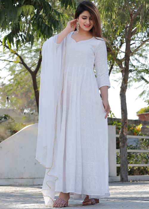 White Embroidered Anarkali Style Kurta With Dupatta
