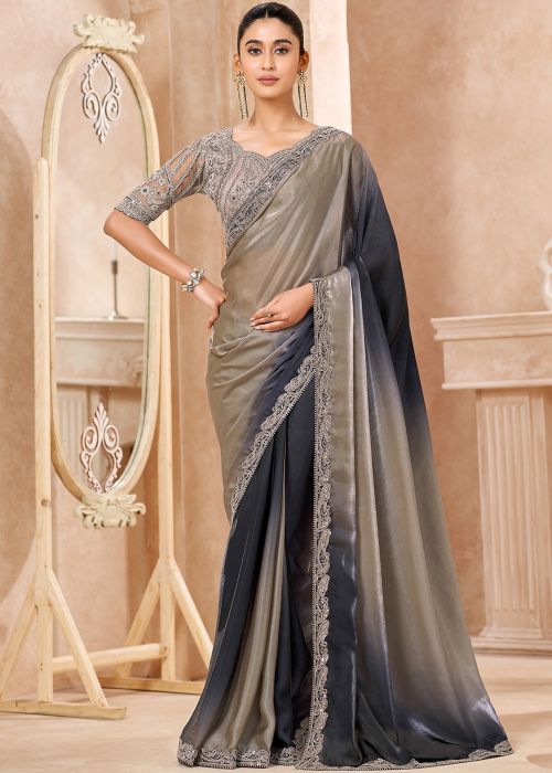 Grey Ombre Chiffon Saree With Thread Work Blouse