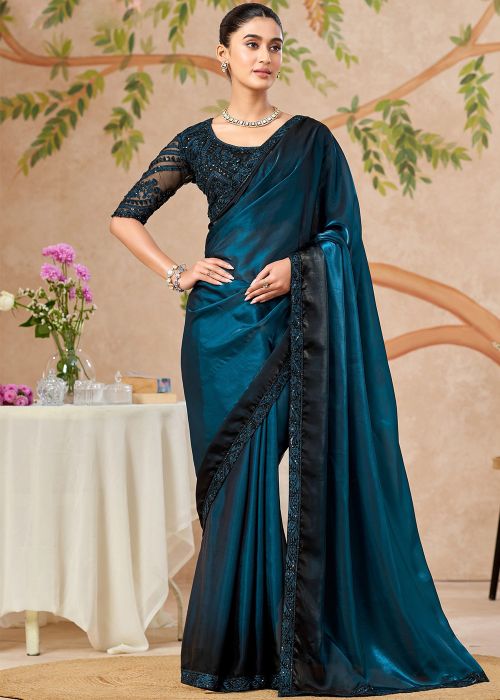 Teal Blue Chiffon Saree With Elegant Border