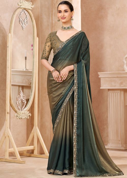 Shaded Green Chiffon Saree With Thread Wrk