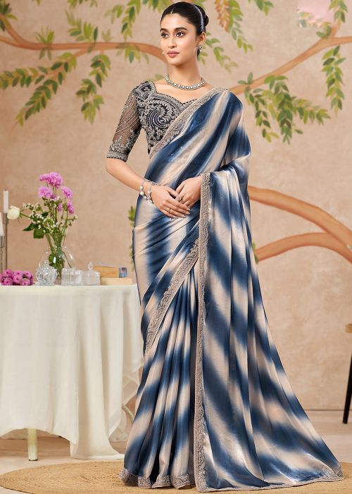 Shaded Steel Blue Chiffon Saree With Beads Border
