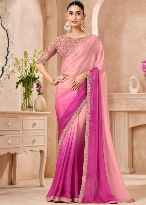 Pink Ombre Chiffon Saree With Embellished Blouse
