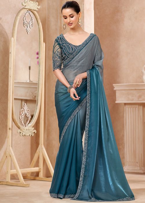 Shaded Blue Chiffon Saree With Embroidered Border