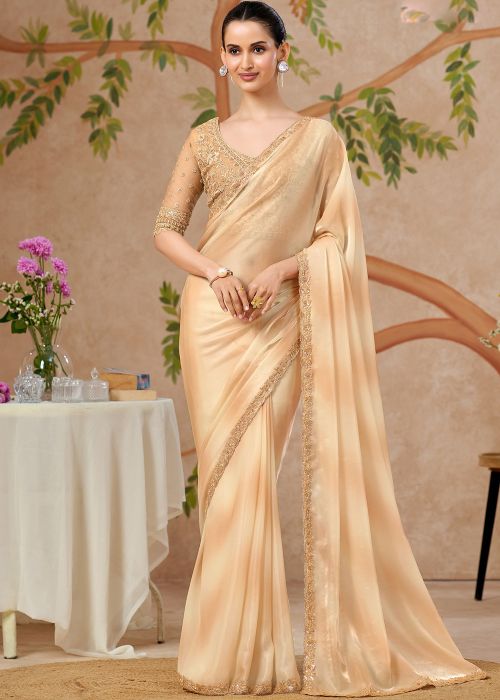 Light Golden Chiffon Saree With Sequins Embroidery