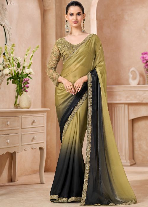 Green Black Ombre Chiffon Saree With Thread Accents
