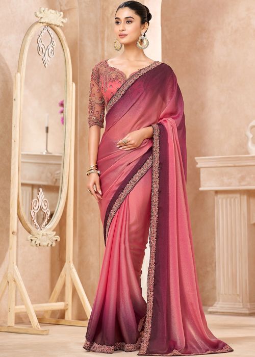 Shaded Pink Chiffon Saree With Embroidered Blouse