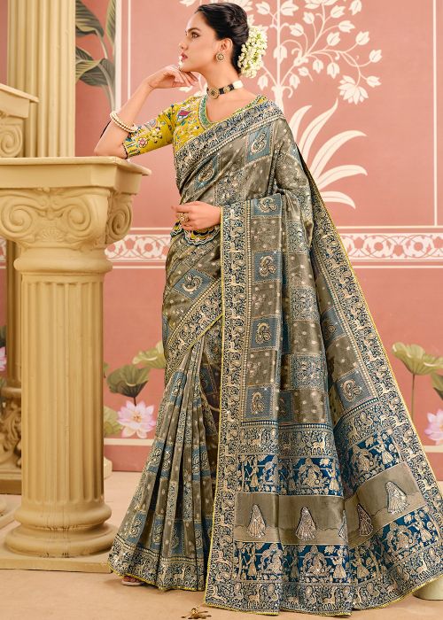 Teal Blue Silk Saree With Woven Heritage Motifs