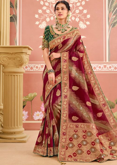 Wine Silk Saree With Gold Zari Highlights