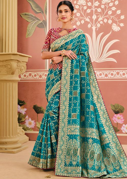 Teal Blue Silk Saree With Heavy Zari Weave