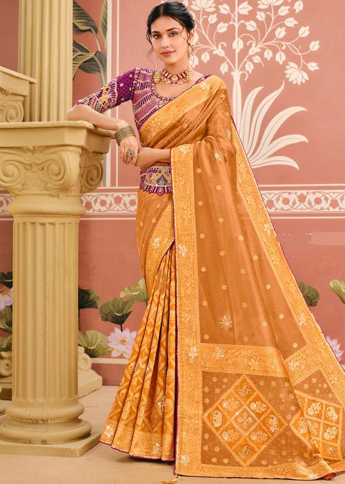 Mustard Yellow Silk Saree With Zari Panel Work