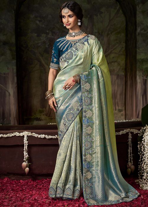 Shaded Blue Silk Saree With Woven Border Work
