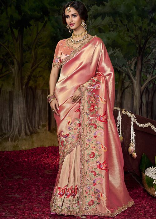 Peach Silk Saree With Floral Embroidery