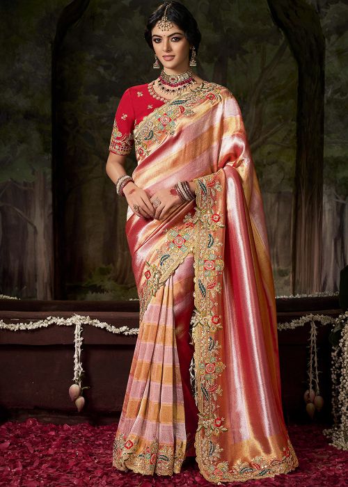 Peach Silk Saree With Zari Border Work