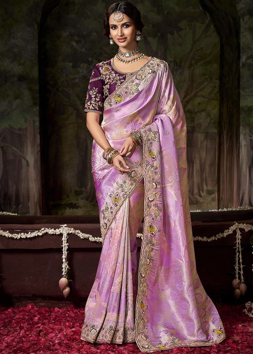 Lavender Silk Saree With Antique Embroidery