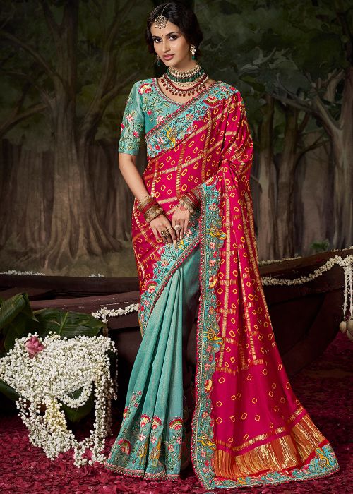 Turquoise & Red Half N Half Embroidered Silk Saree