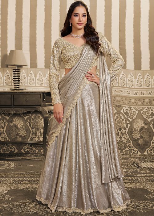 Cream Satin Lehenga Saree With Beads Work