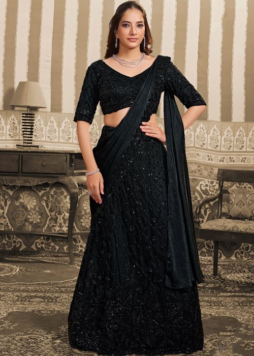 Black Satin Lehenga Style Saree With Sequin Beads