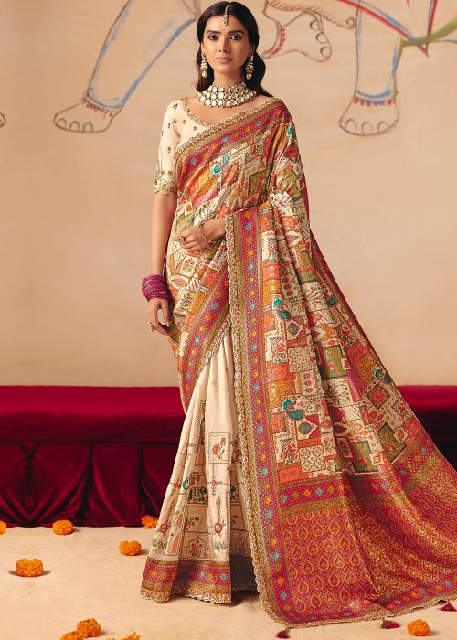 Beige Silk Saree With Embroidered Border