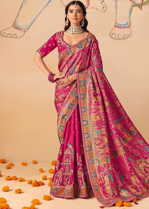 Rani Pink Silk Saree With Woven Motifs