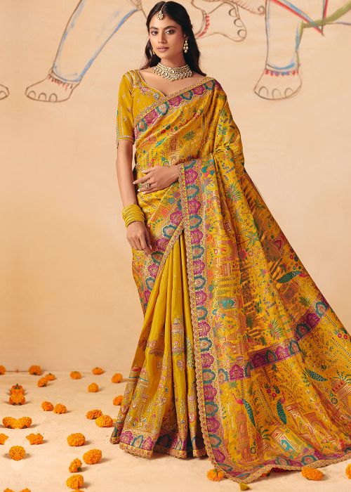 Yellow Silk Saree With Zari Embroidery Work