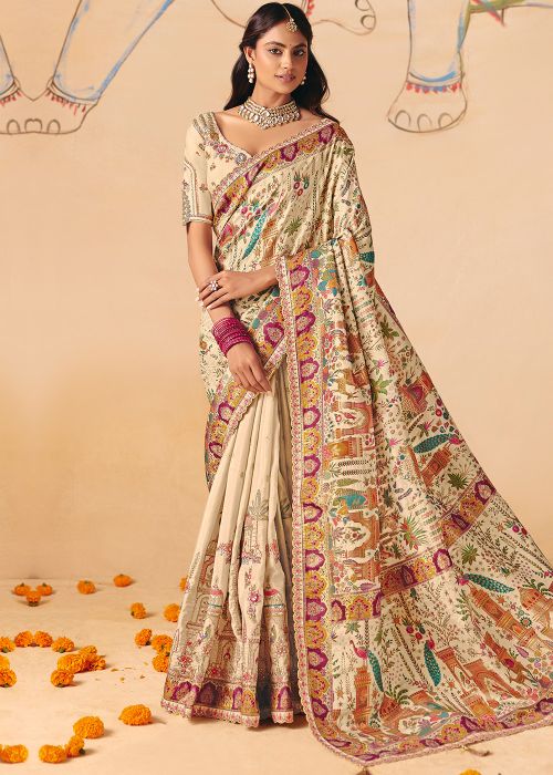 Cream Silk Saree With Zari Border Work