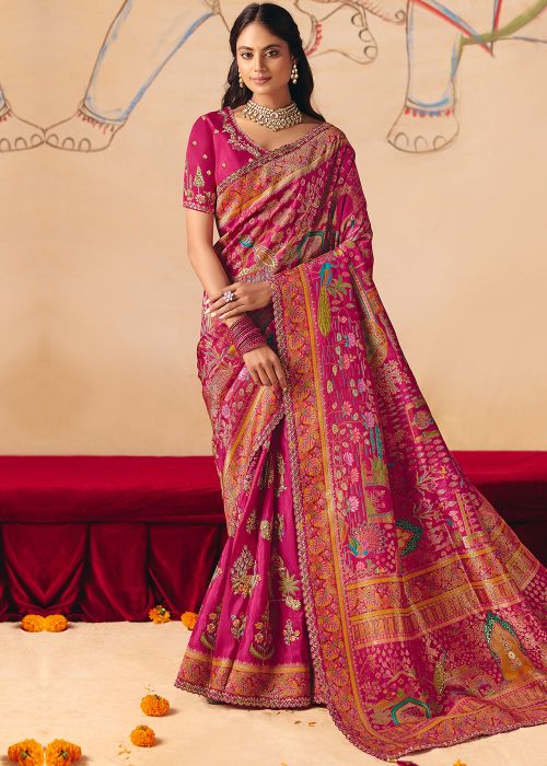 Pink Silk Saree With Peacock Border Details