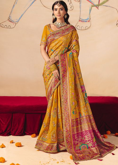 Yellow Silk Saree With Multicolor Woven Border