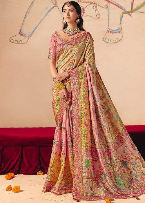 Peach Silk Saree With Embroidered Edge