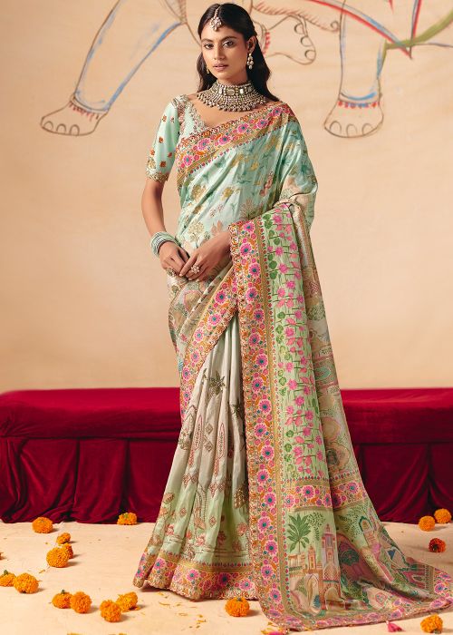 Mint Green Silk Saree With Zari Woven Border