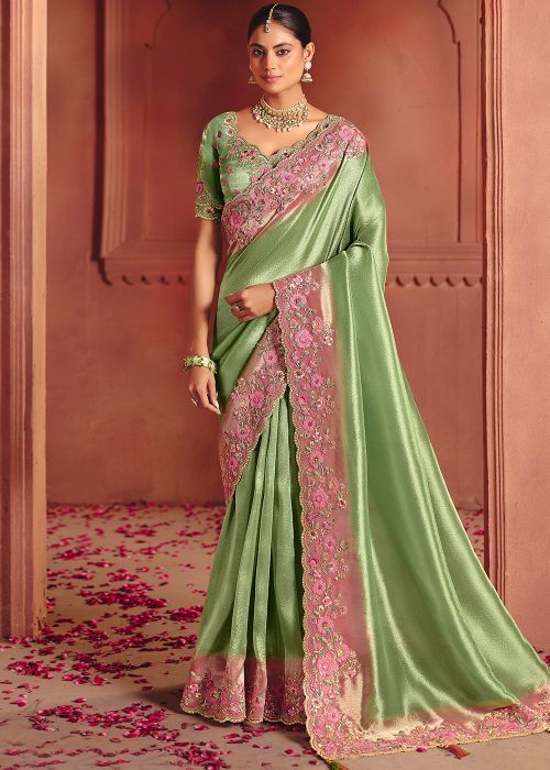 Sage Green Silk Saree With Embroidered Border