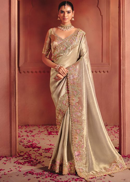 Beige Silk Saree With Embellished Border