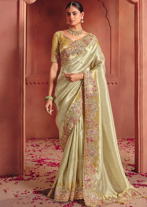 Light Golden Silk Saree With Floral Border