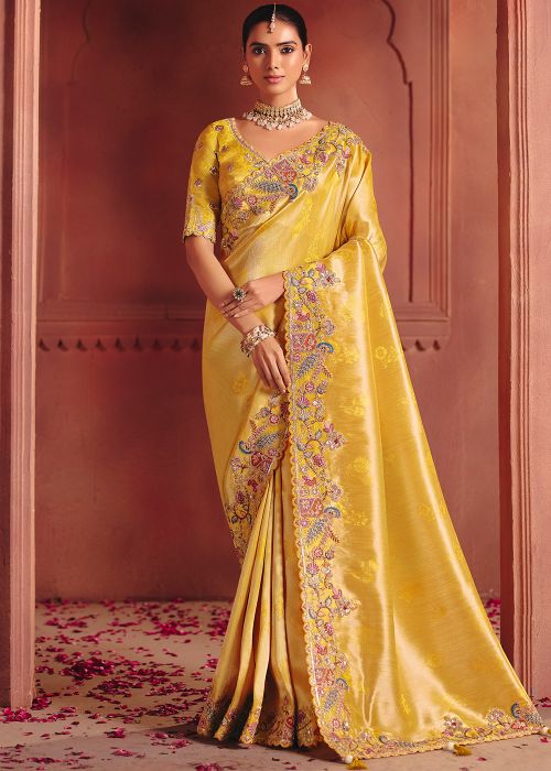 Yellow Silk Saree With Peacock Detail Border