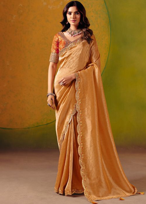 Orange Silk Saree With Woven Zari Detailing