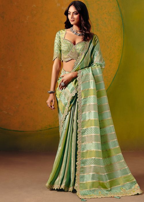 Sea Green Silk Saree With Embroidered Border