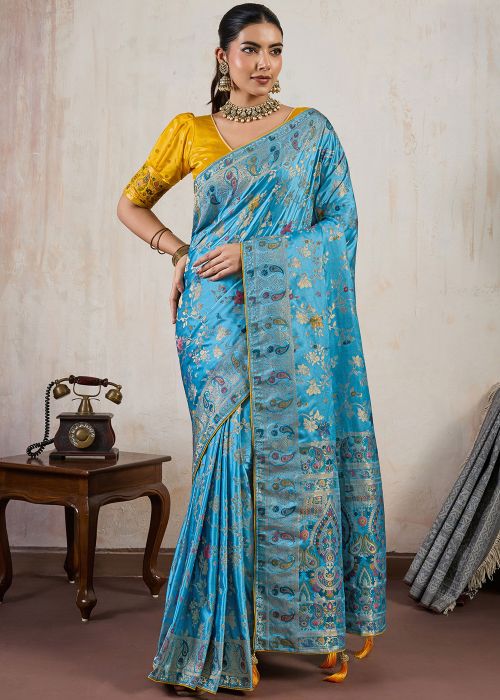 Sky Blue Satin Saree With Zari Weave